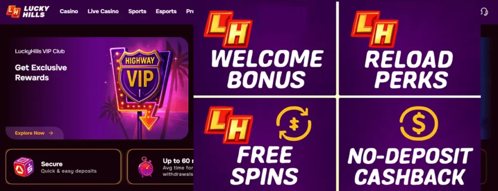 Various Lucky Hills Casino promotions for Aussie players