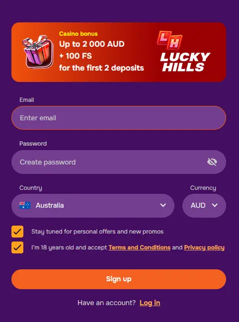 Step-by-step guide for signing up at Lucky Hills Casino