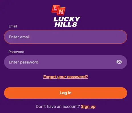 Log in to Lucky Hills Casino with your credentials