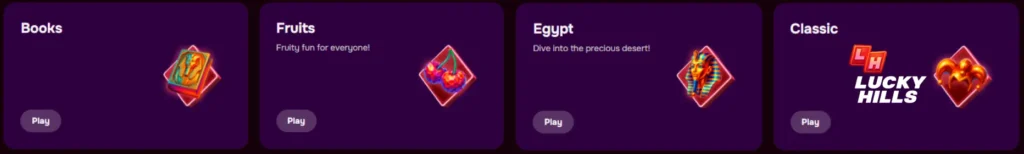 Explore game categories at Lucky Hills Casino