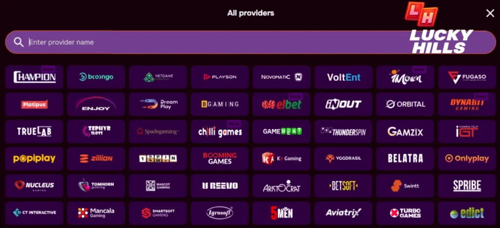 Top game providers at Lucky Hills Casino
