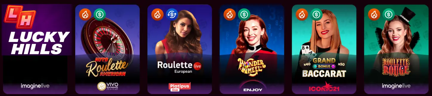 Live dealer blackjack and roulette games at Lucky Hills Casino